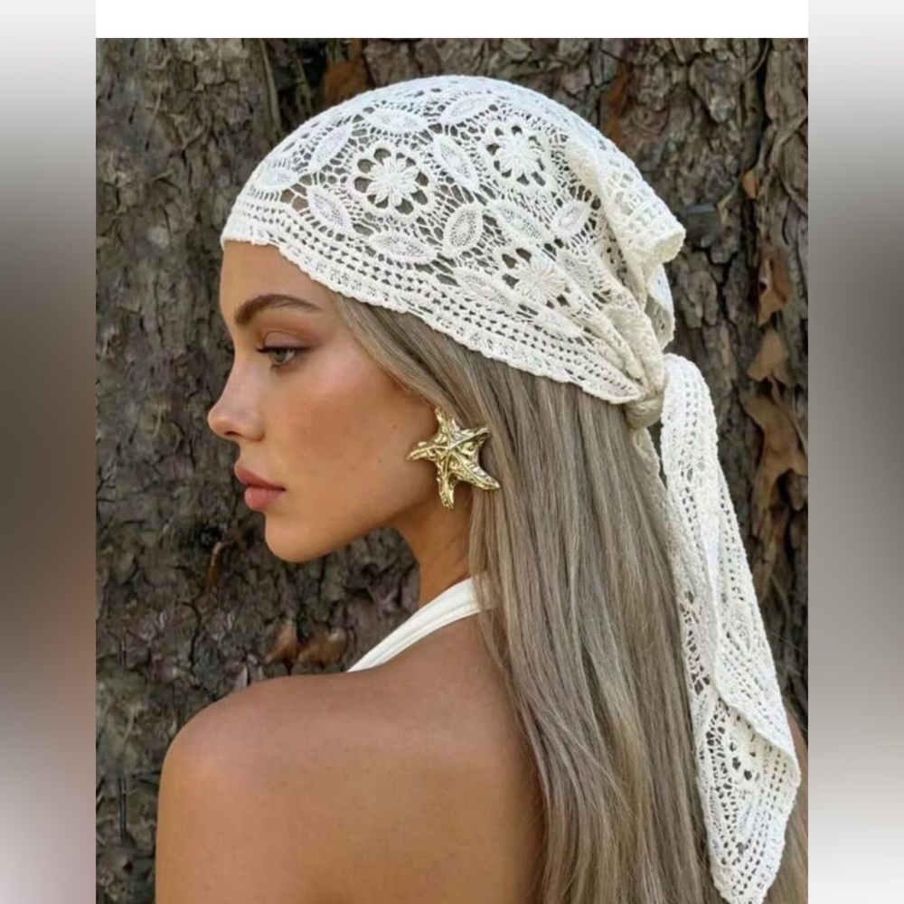 1pc Lace Crochet Headscarf, Hollow Floral Knitted Headscarf,